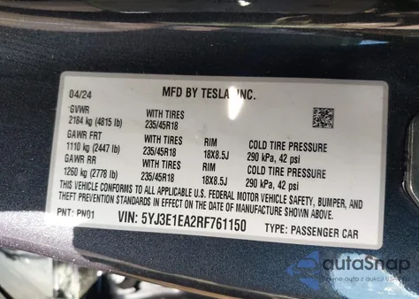 2024 Tesla Model 3 Long Range Dual Motor All-Wheel Drive/Rear-Wheel Drive from USA, damaged, VIN 5YJ3E1EA2RF761150